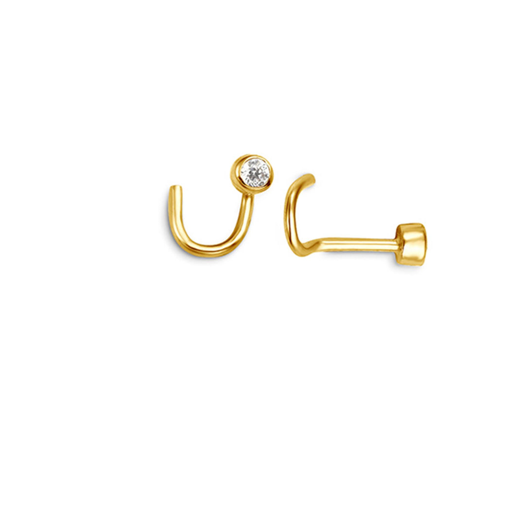 14K Yellow Gold Corkscrew Nose Ring with Cubic Zirconia 
Collection: Sparkles