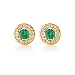 Load image into Gallery viewer, Yellow Sterling Silver Synthetic Emerald & CZ Halo Polished Stud Earri