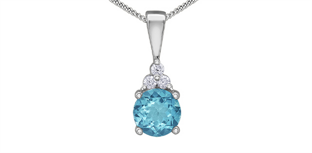 10K White Gold Blue Topaz Diamonds Pendant Necklace