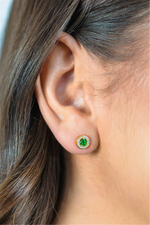 Load image into Gallery viewer, Yellow Sterling Silver Synthetic Emerald & CZ Halo Polished Stud Earri