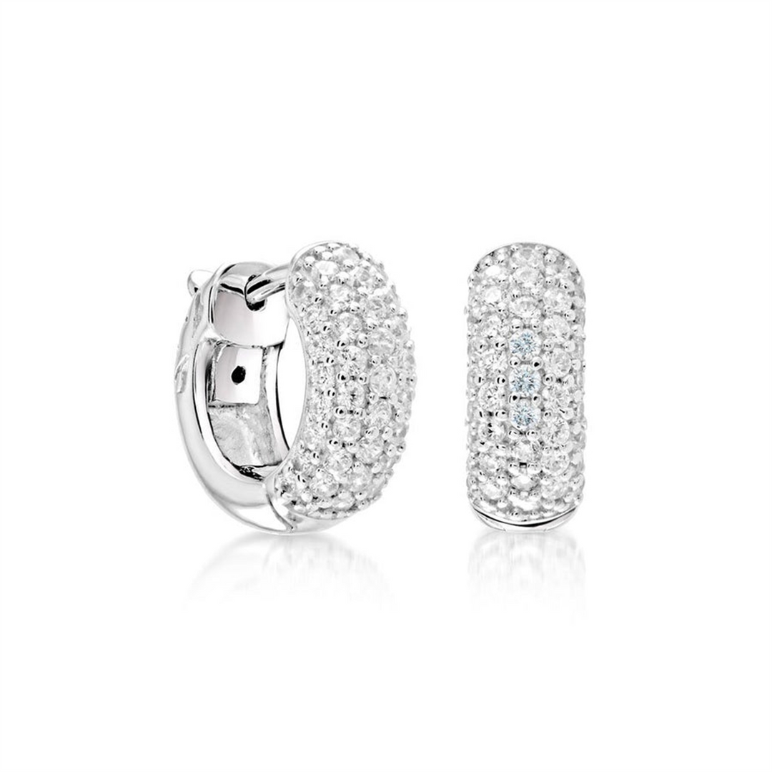 White Sterling Silver Cubic Zirconium Pave Polished Huggie Earrings
E