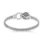 Load image into Gallery viewer, White Sterling Silver Panther with Green Eyes Mesh Bracelet
Top Widt