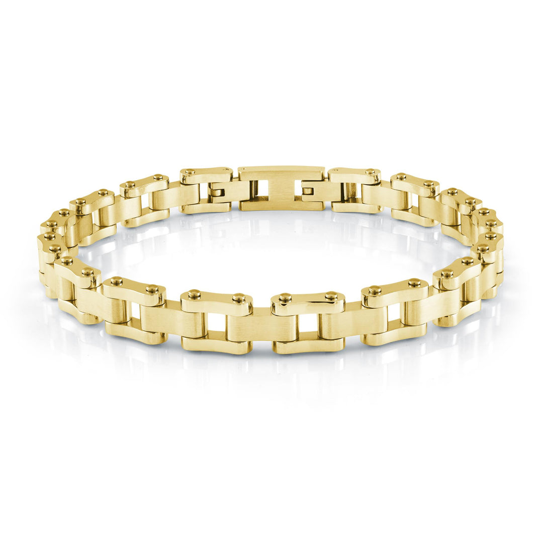 Gold Stainless Steel Bike-Link Bracelet 
Length: 8" + 0.5"