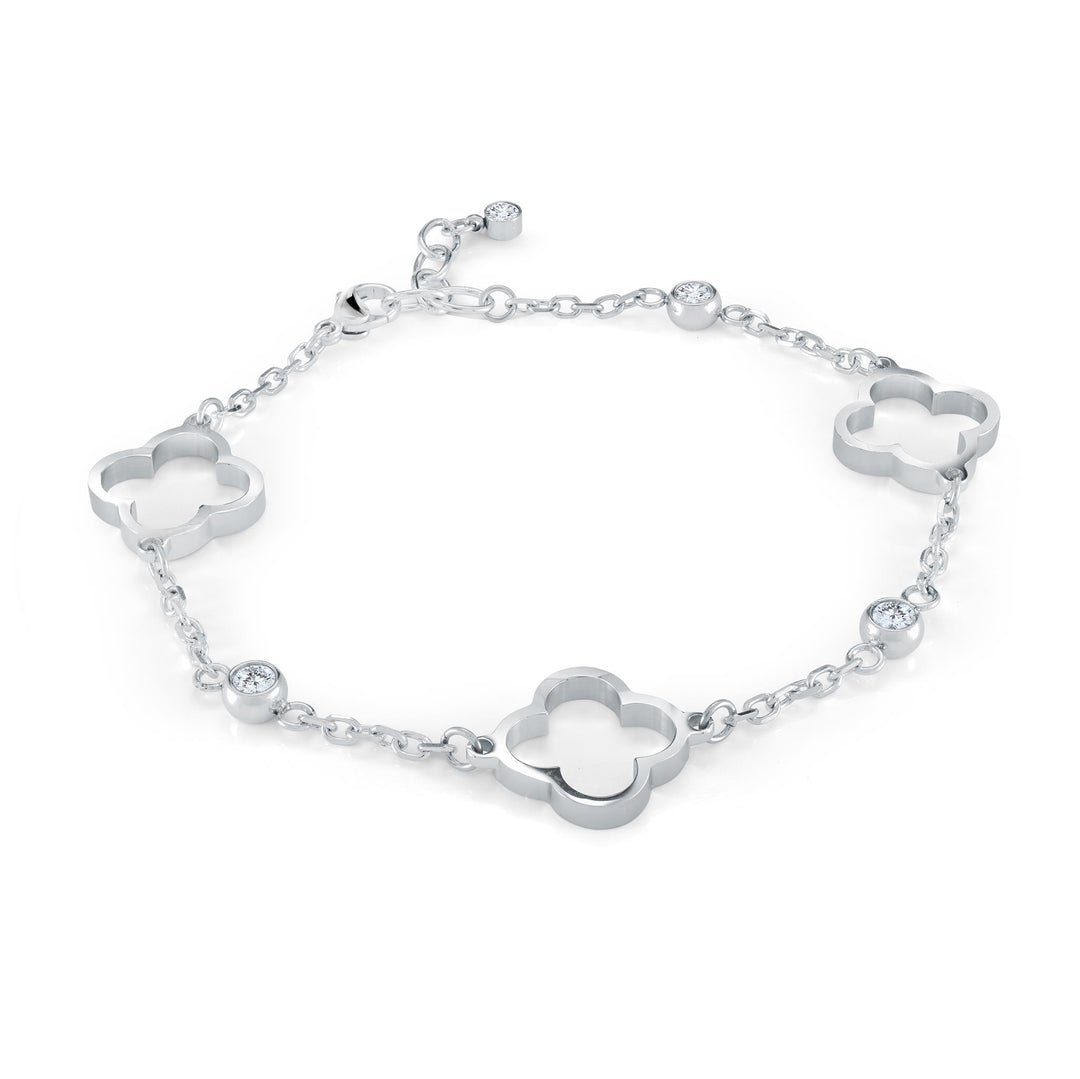 Stainless Steel Clover Cable Link Bracelet with Cubic Zirconiums 
Len