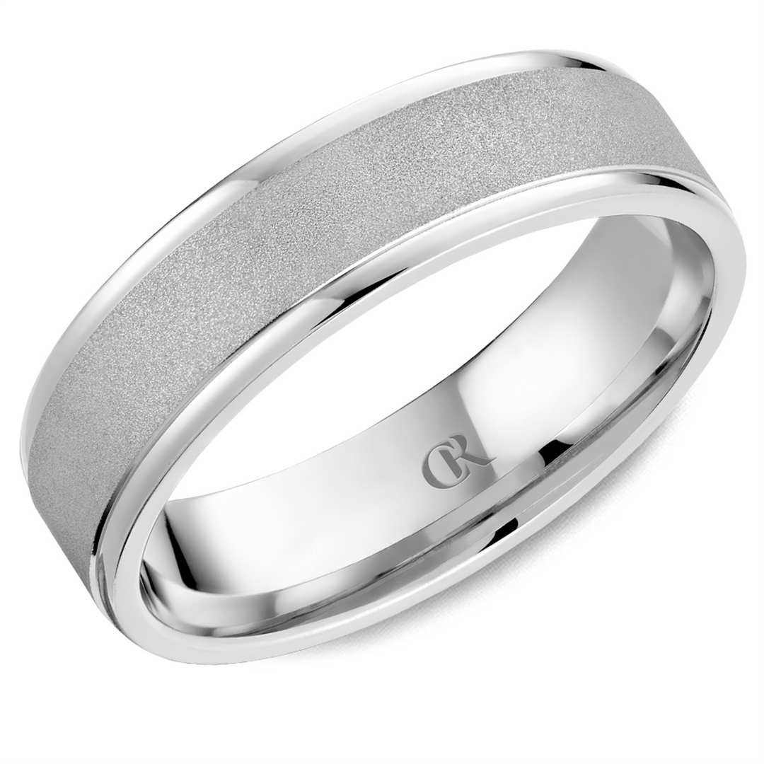 Men's White Gold Stepped Down Edges Band with Sandblast Finish 
Top W