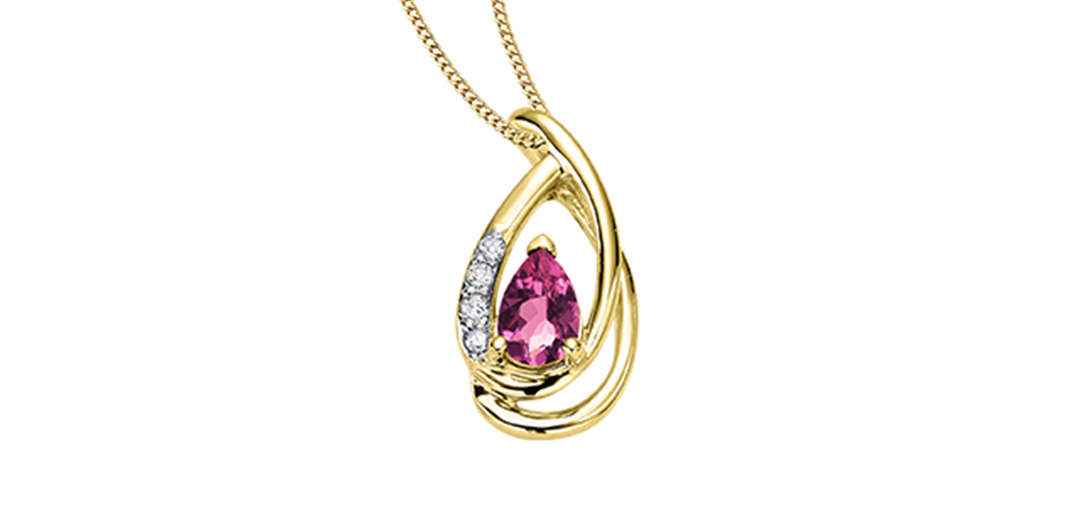 10K Yellow Gold Pear Polished Pink Tourmaline Diamonds Pendant Necklac