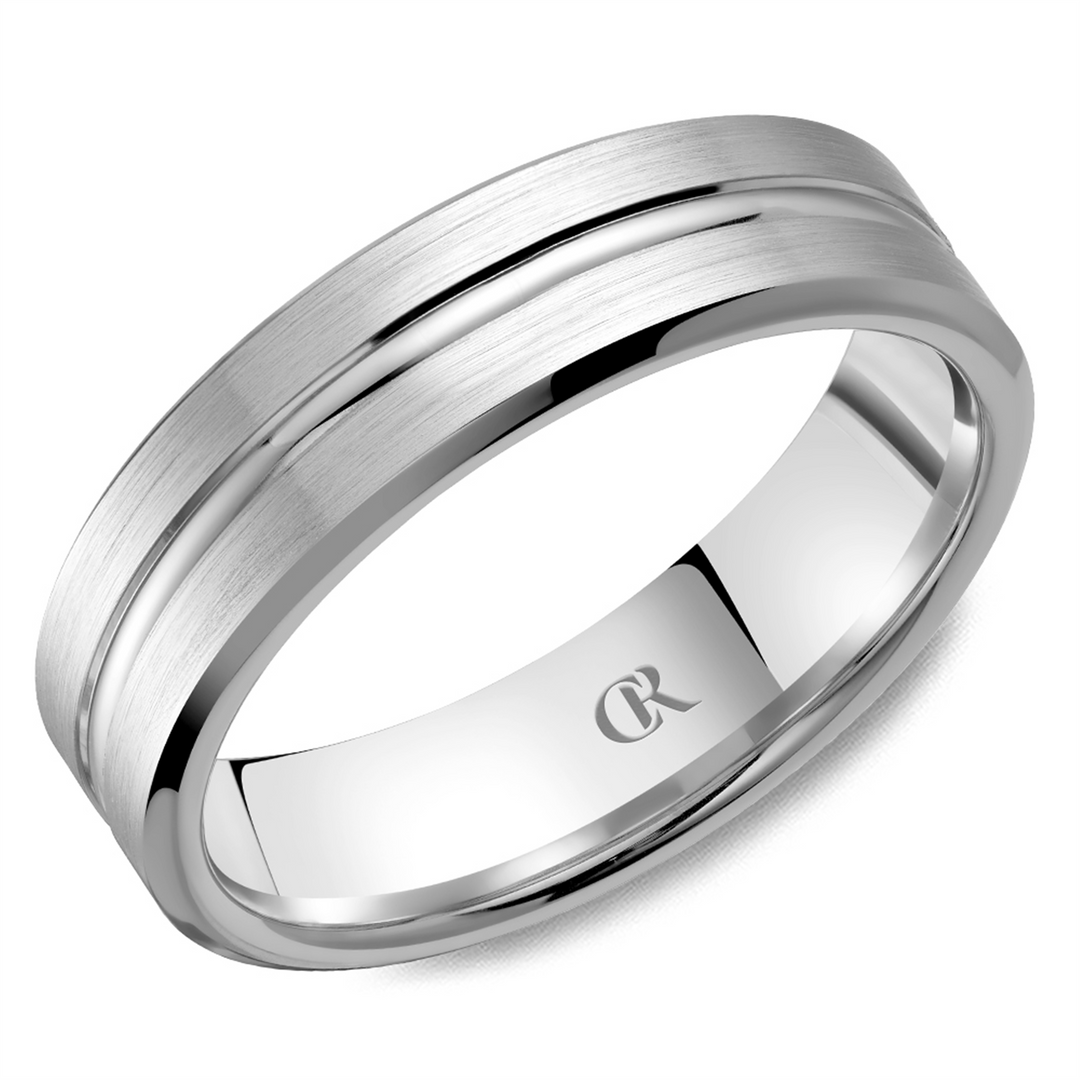 Men's White Gold Bevel Band with Sandpaper Finish 
Top Width: 6 mm
R