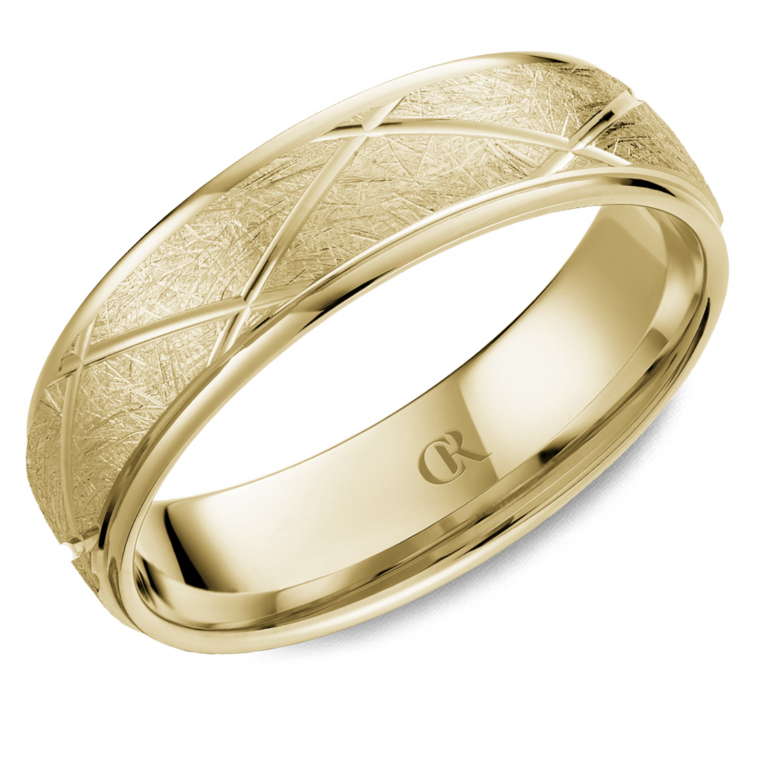 Men's Yellow Gold Carved Band with Diamond Brushed Finish 
Top Width: