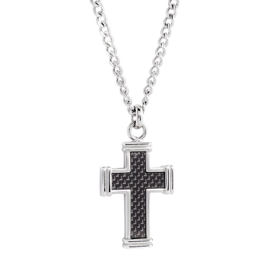 Matte' Black Stainless Steel with Carbon Fibre Cross Necklace