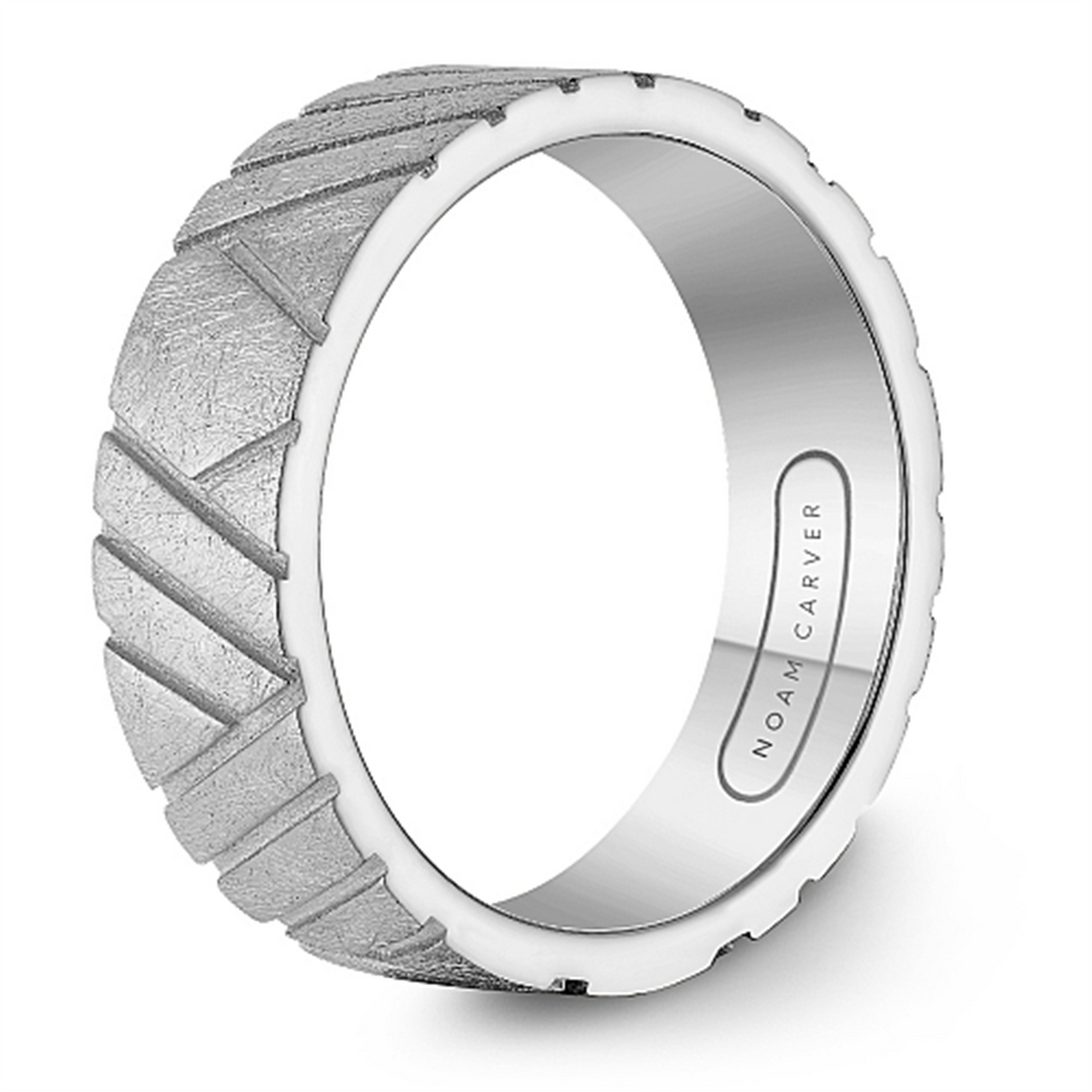 Men's White Gold Carved Band with Diamond Brushed Finish