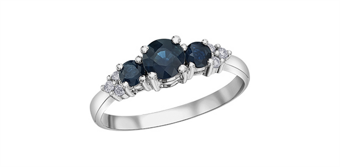 10K White Gold 3 Stone Sapphires and Diamonds and Sapphires Ring
Prim