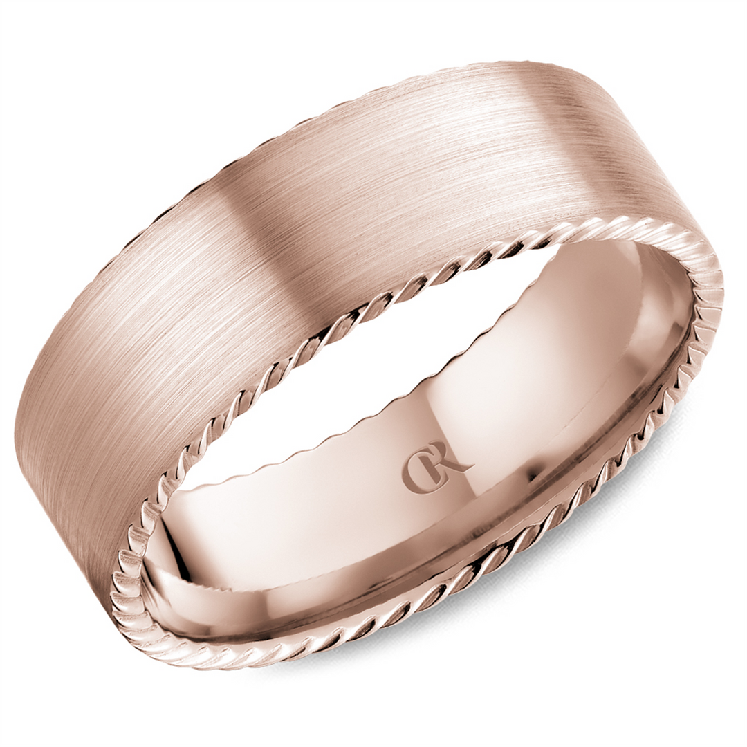 Men's Rose Gold Flat Band with Sandpaper Finish 
Top Width: 7 mm
Rin
