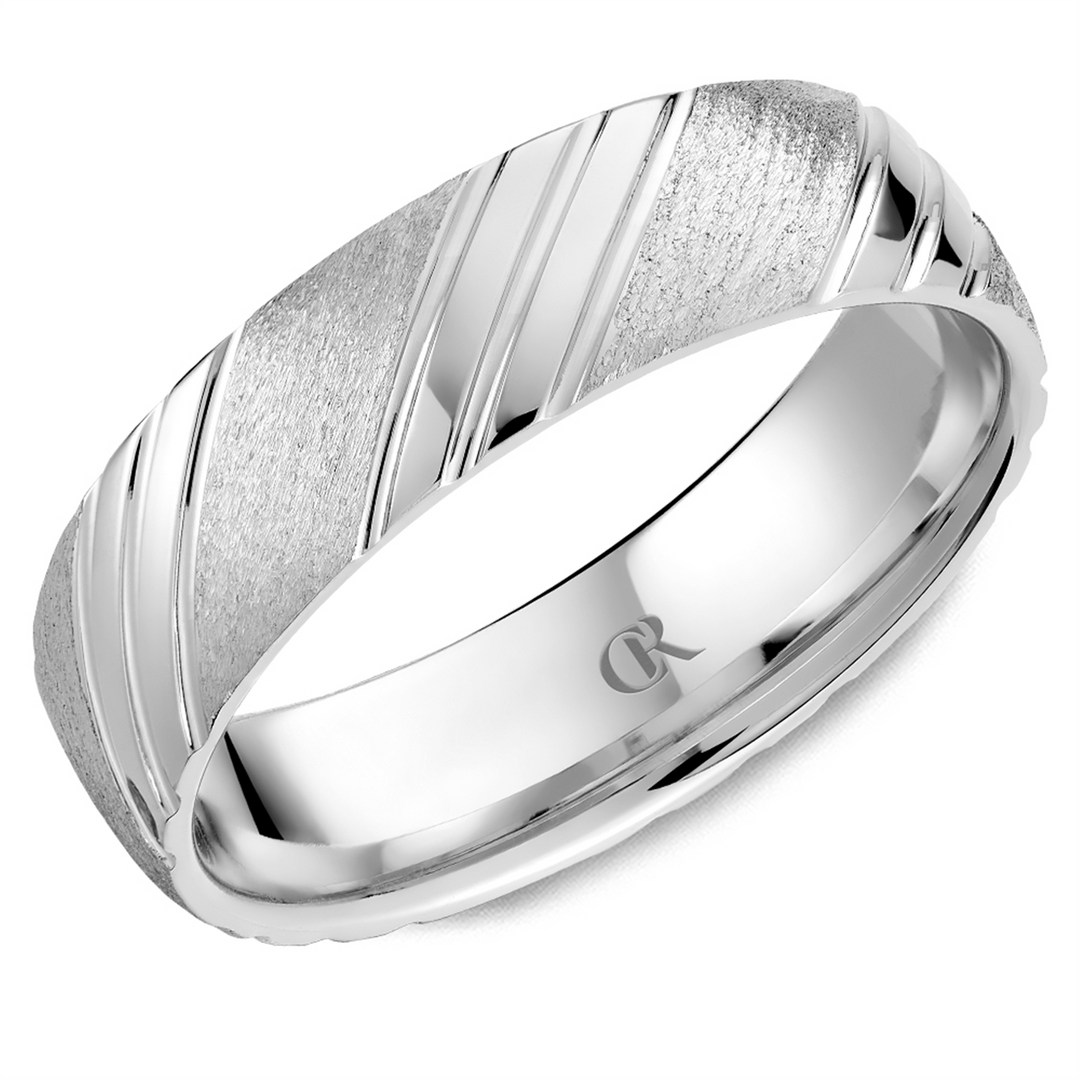 Men's White Gold Domed Band with Multi-Finish Finish 
Top Width: 6 mm
