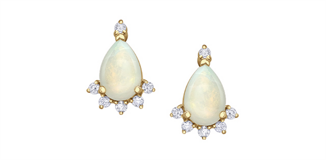 10K Yellow Gold Unique Opals Diamonds Stud Earrings