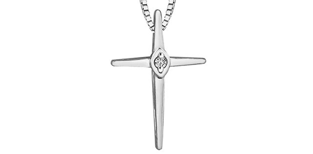 10K White Gold Diamond Cross Polished Pendant Necklace