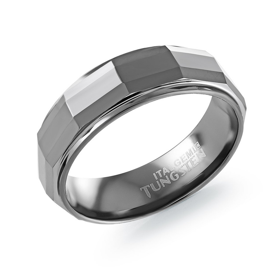 Polished Gun-Metal Grey Faceted Tungsten Stepped Down Edges Band 
Wid