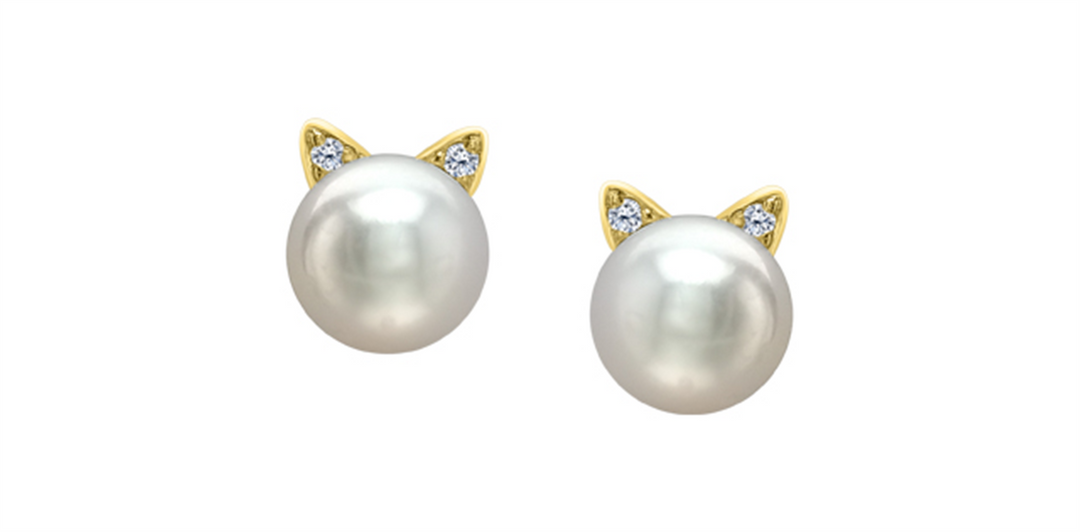 10K Yellow Gold Cat Pearls Diamonds Stud Earrings
Primary Stone: Roun