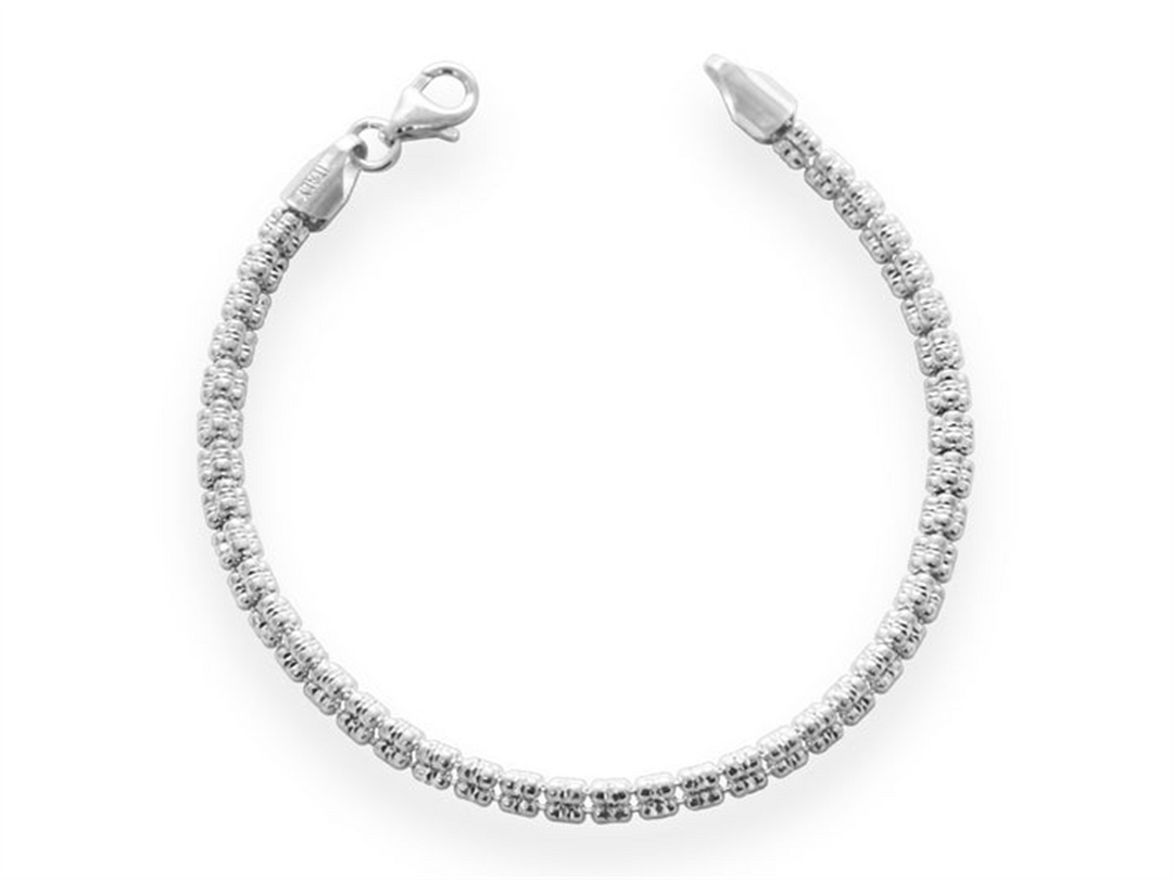 White Sterling Silver Barrel Bracelet 
Top Width: 4mm
Length: 7.5"
