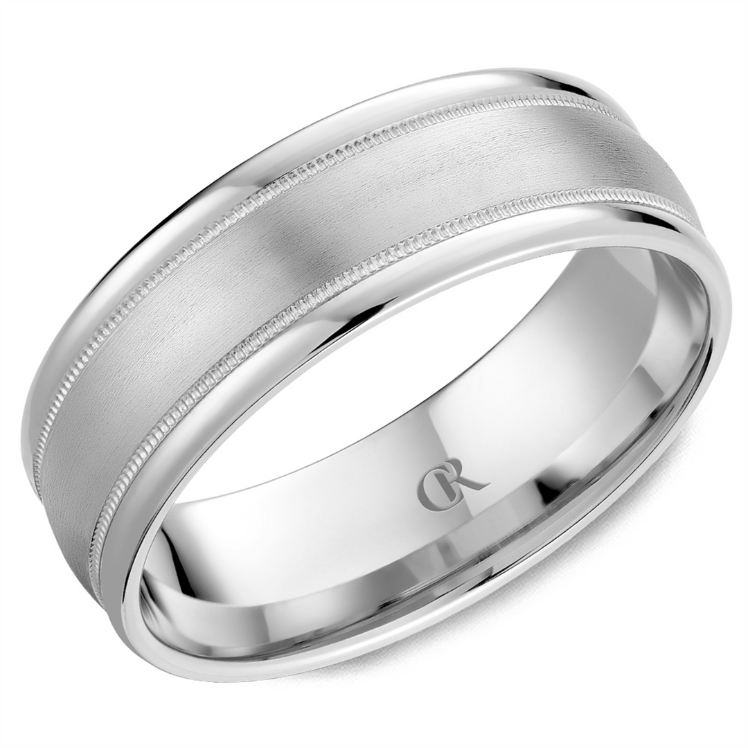 Men's White Gold Domed with Milgrain Band with Sandpaper Finish 
Top