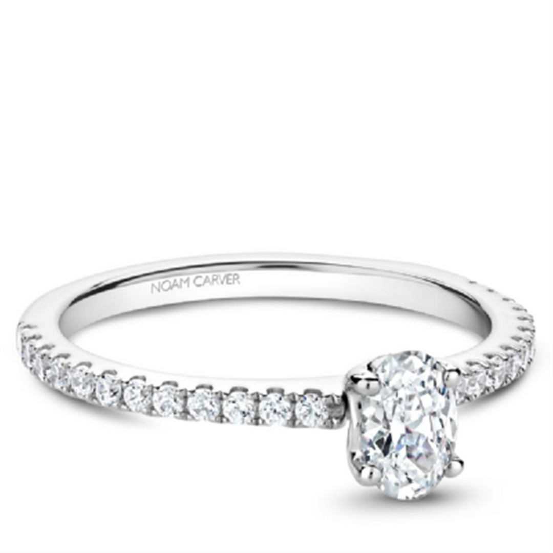 14K White Gold Side Stones Oval Diamond Engagement Ring