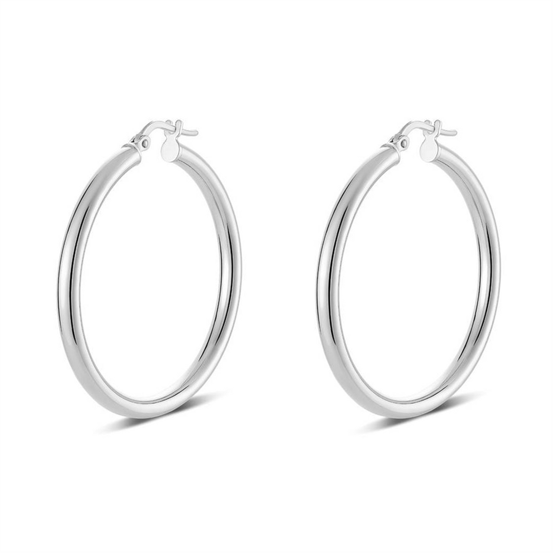 White Sterling Silver Round Tube Polished Medium Hoop Earrings
Earrin