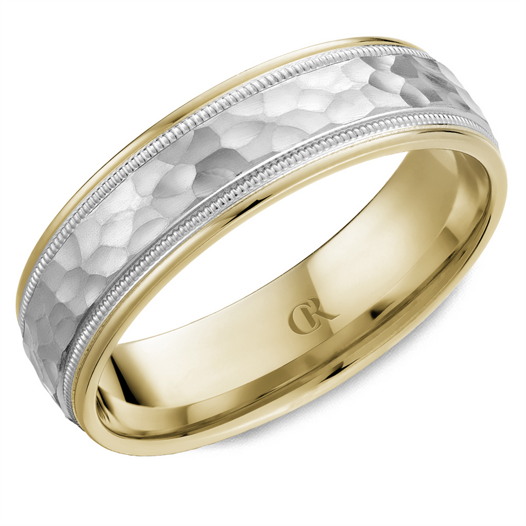 Men's White & Yellow Gold Domed with Milgrain Band with Hammered Finis