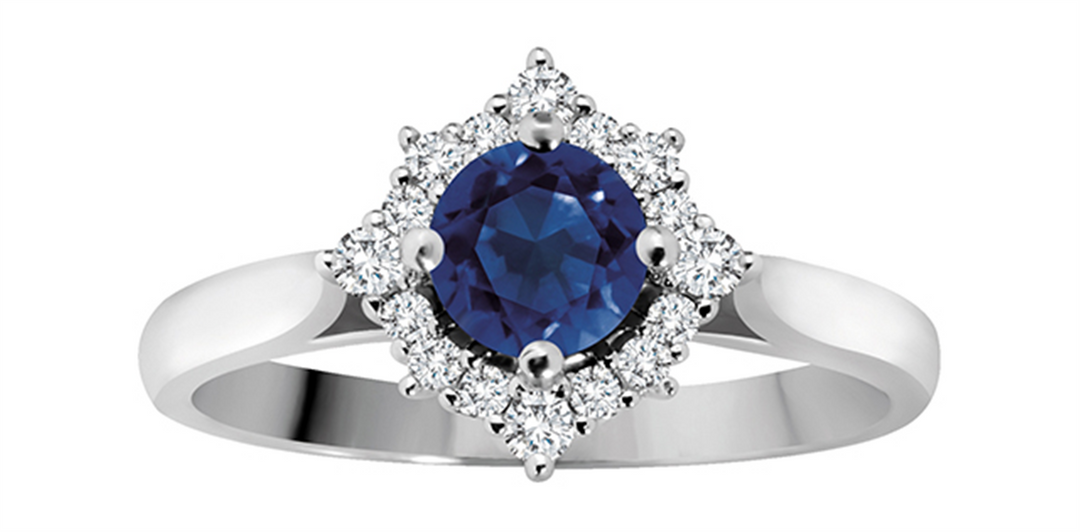 14K White Gold Halo Sapphire and Diamonds Ring
Primary Stone: Round-C