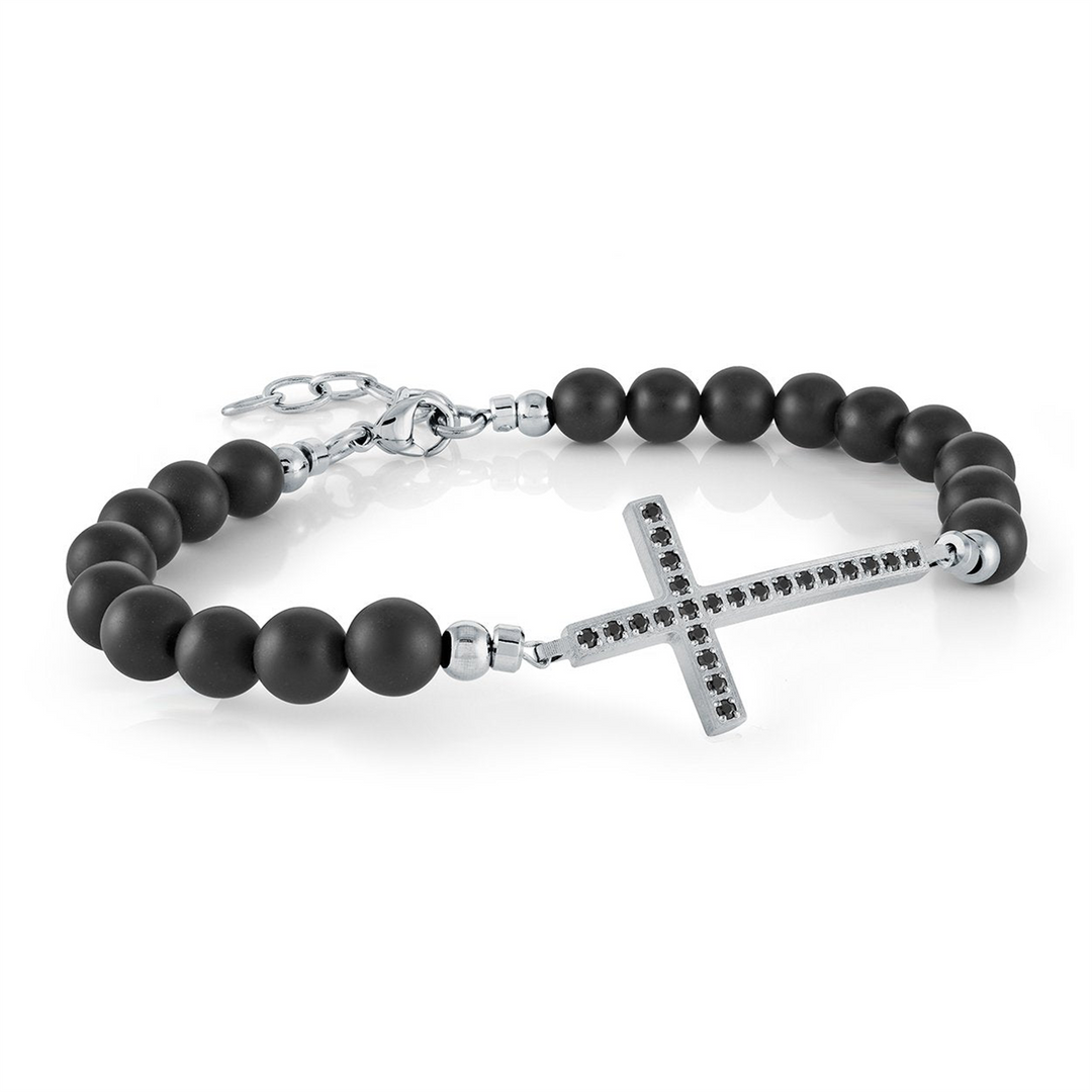 Black Stainless Steel CZ Cross Onyx Bead Bracelet
Length: 7" + 1"
Wi