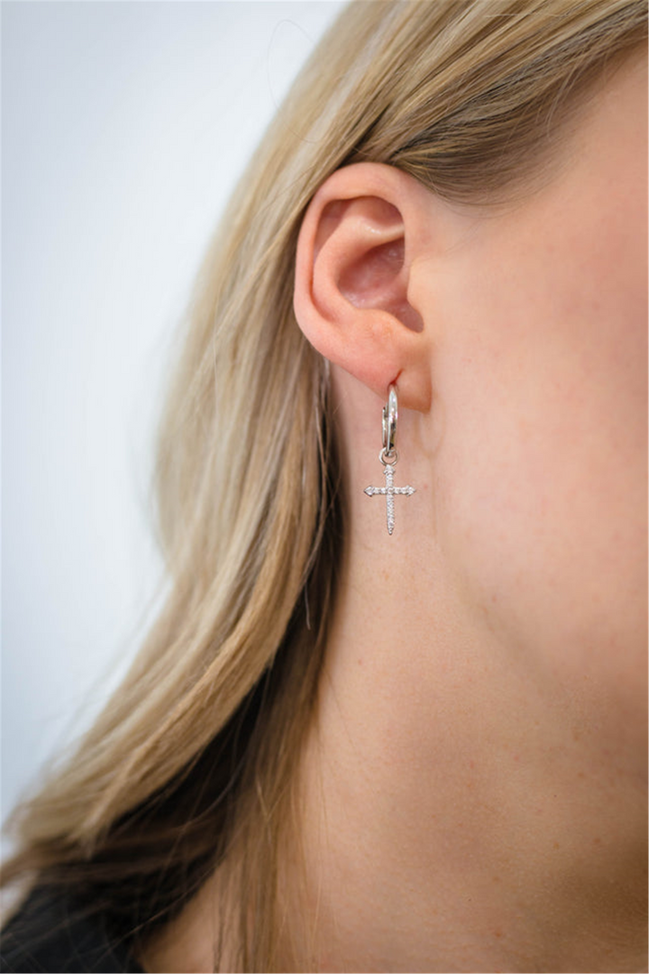 White Sterling Silver Cubic Zirconium Cross Polished Small Hoop Earrin