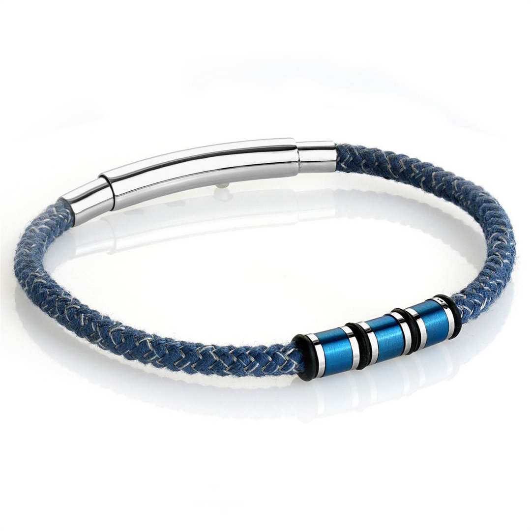 Blue Stainless Steel Denim-Cord Bracelet 
Length: Adjustable
Width: