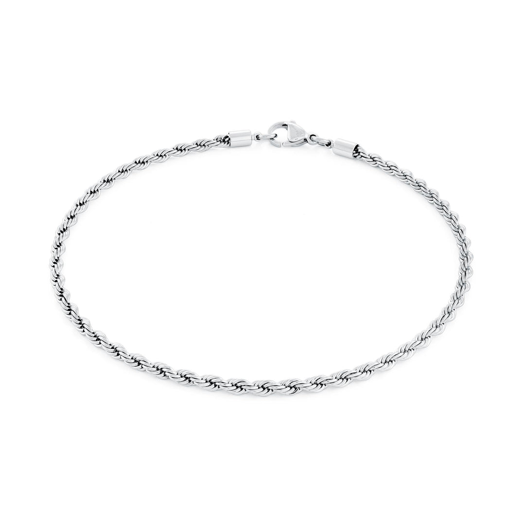 Stainless Steel Rope Anklet 
Length: 9"
Width: 3mm
Finish: Polished