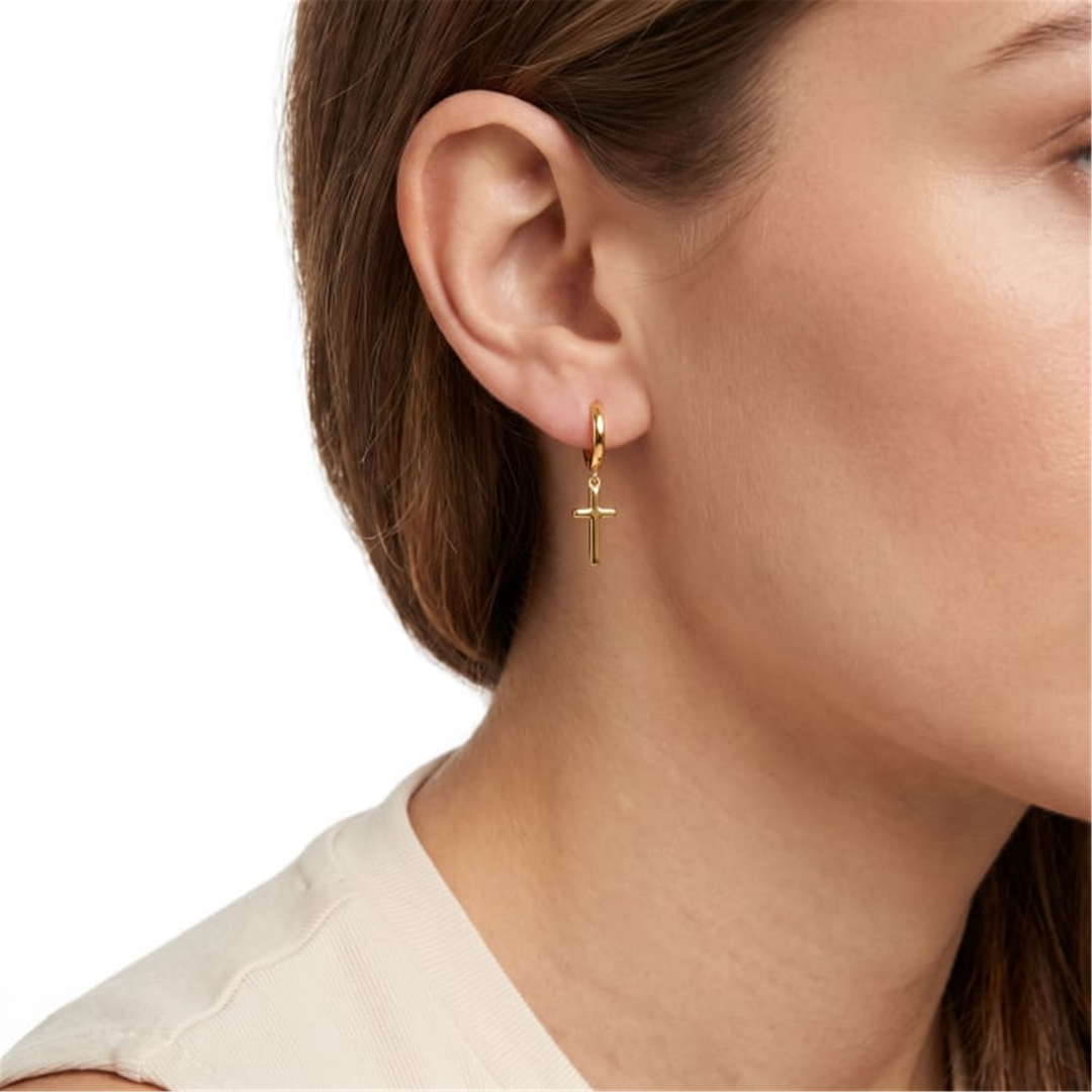 Yellow Gold Vermeil Sterling Silver Cross Charm Polished Huggie Earrin