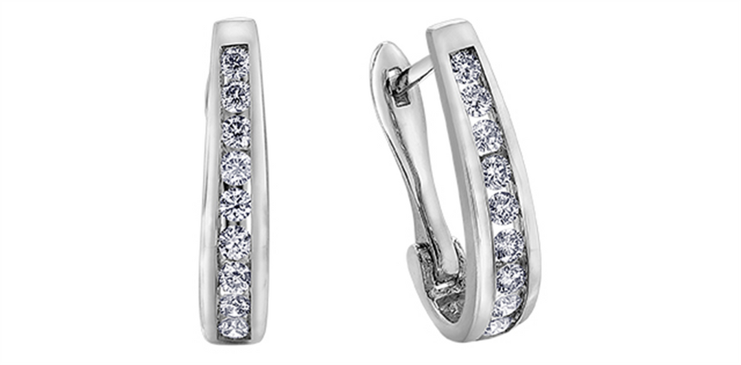 10K White Gold Oval Diamonds Medium Hoop Earrings