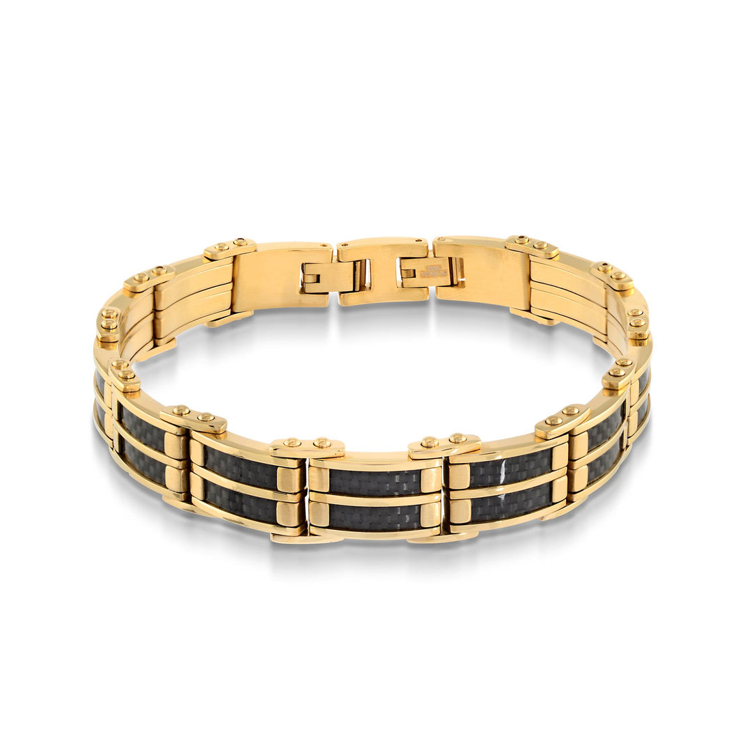 Gold Stainless Steel Carbon Fibre Fancy Link Bracelet 
Length: 8" + 0.5"