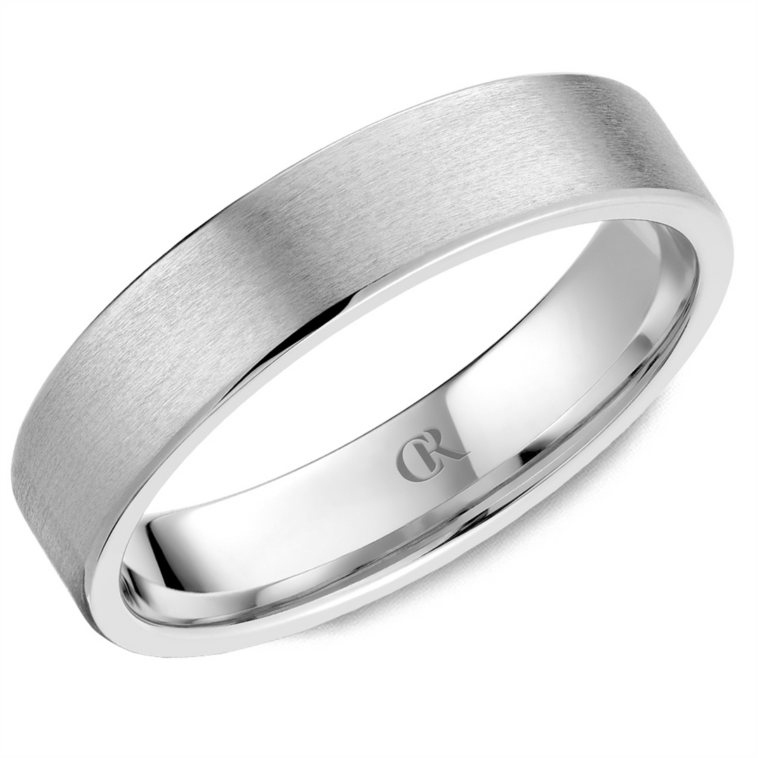 Men's White Gold Flat Band with Satin Finish 
Top Width: 5 mm
Ring S