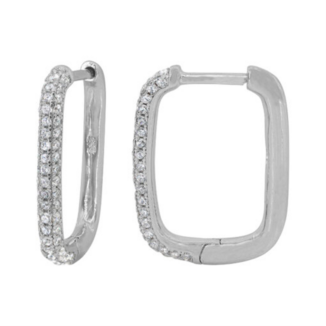 White Sterling Silver Cubic Zirconium Rectangular Polished Small Hoop