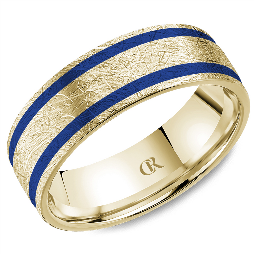 Men's Yellow Gold Flat Band with Diamond Brushed Finish and Enamel Inl