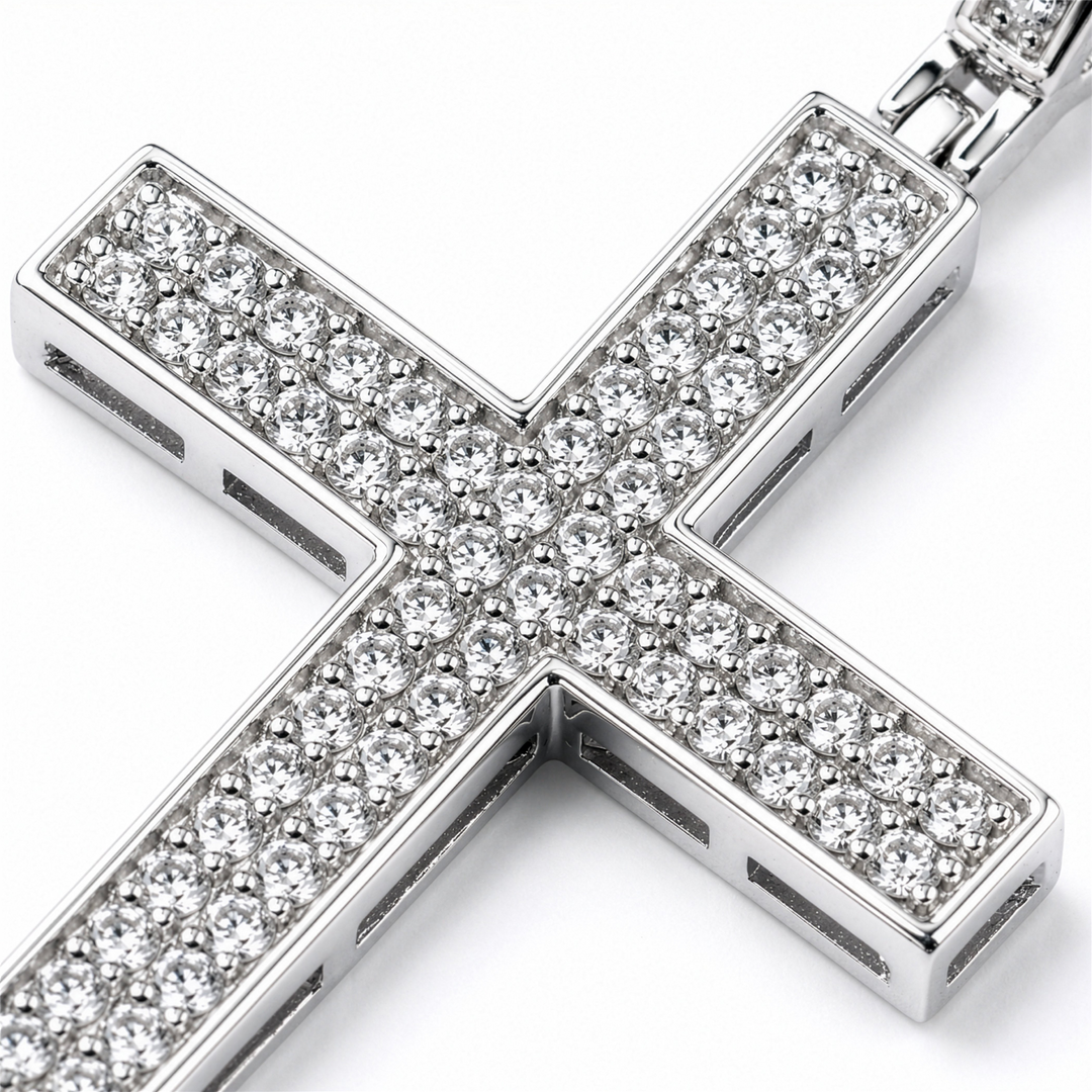 White Sterling Silver Cross Religious Pendant with Lab Diamond 
Lengt