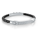 Load image into Gallery viewer, White Stainless Steel Black Leather Bracelet 
Length: 8&quot; + 0.5&quot;
Widt
