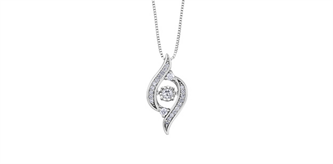 10K White Gold Diamond Swirl Polished Dancing Stone Pendant Necklace