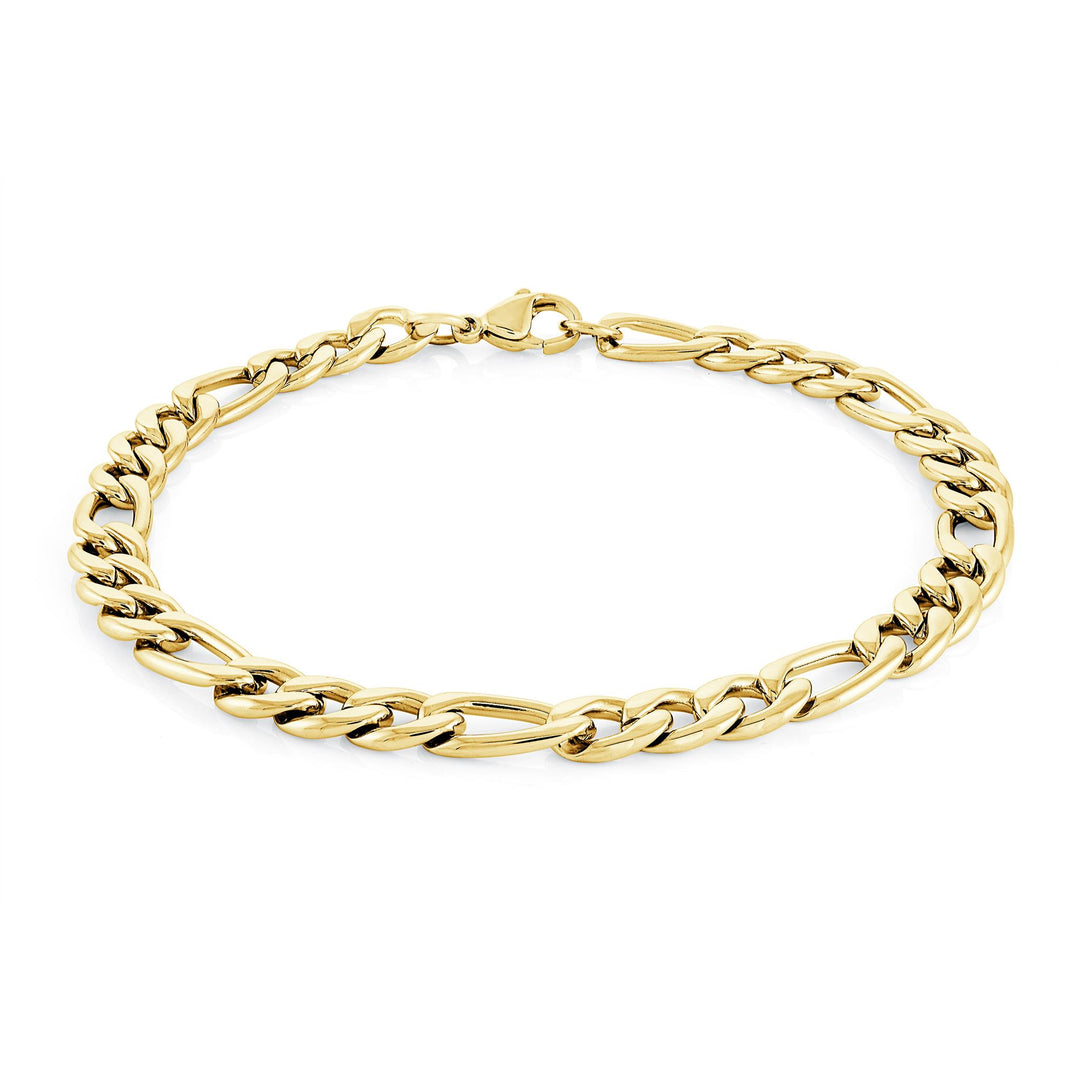 Gold Stainless Steel Figaro Bracelet 
Length: 7.25"
Width: 6mm
Fini