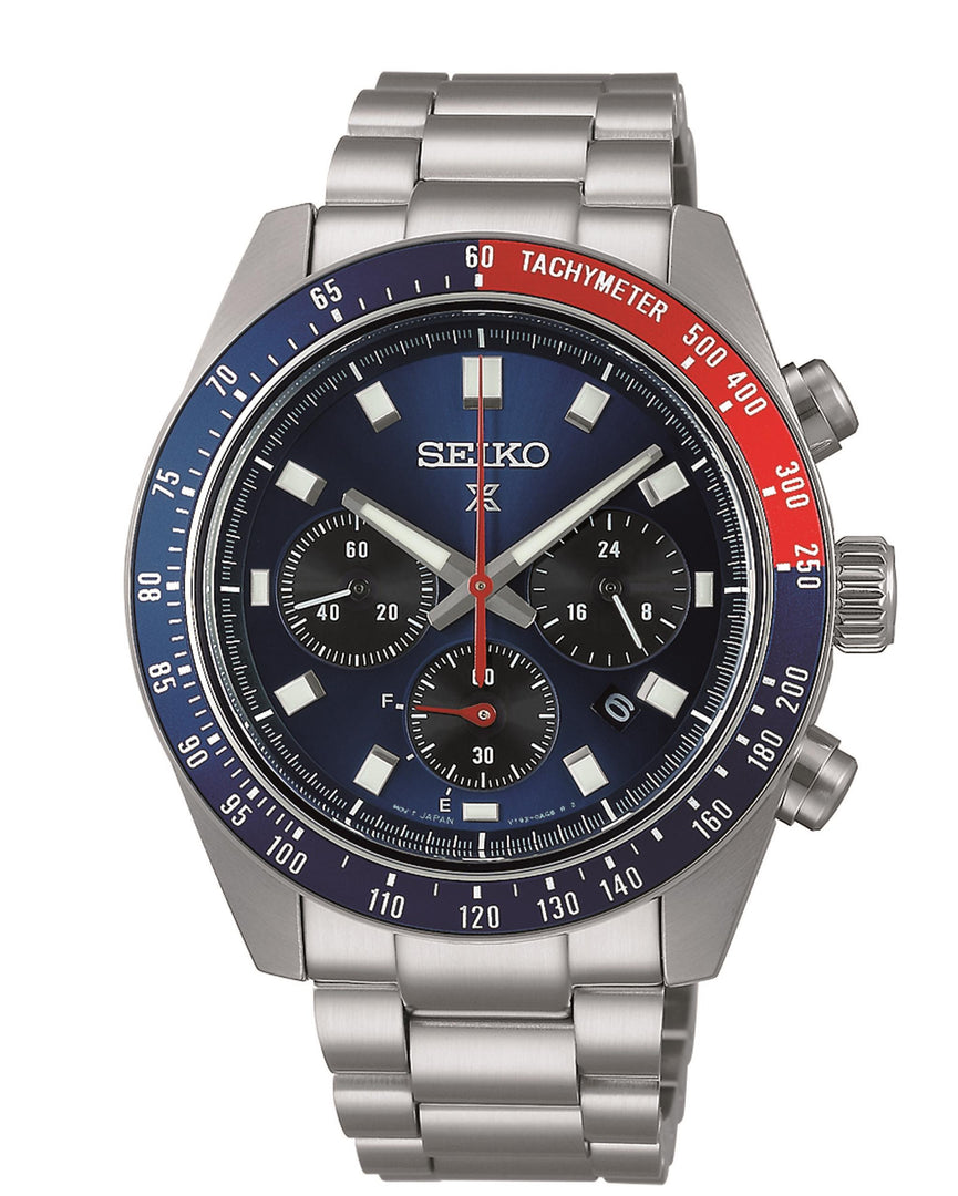 SEIKO Men s Stainless Steel Solar Chronograph Watch with Blue Dial