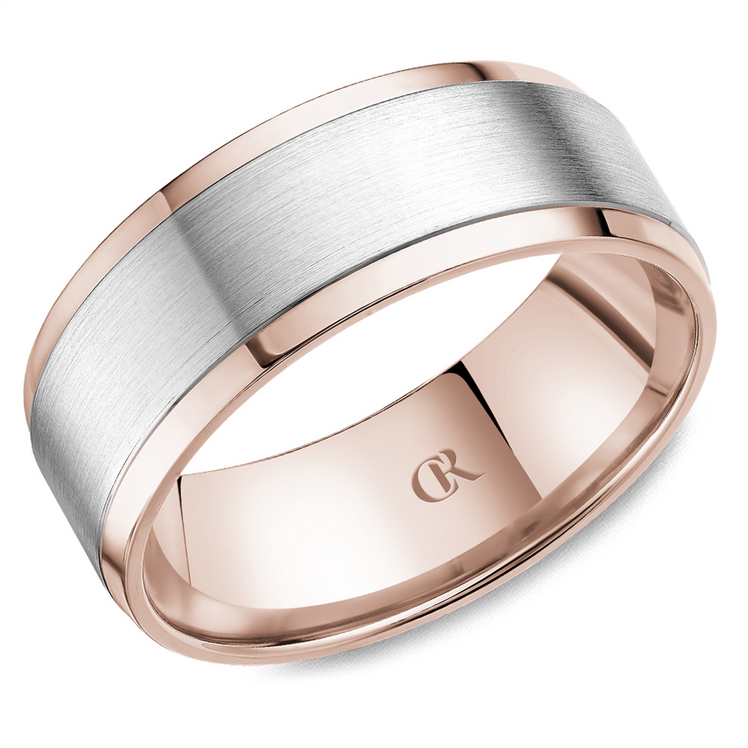 Men's Rose & White Gold Bevel Band with Sandpaper Finish 
Top Width: