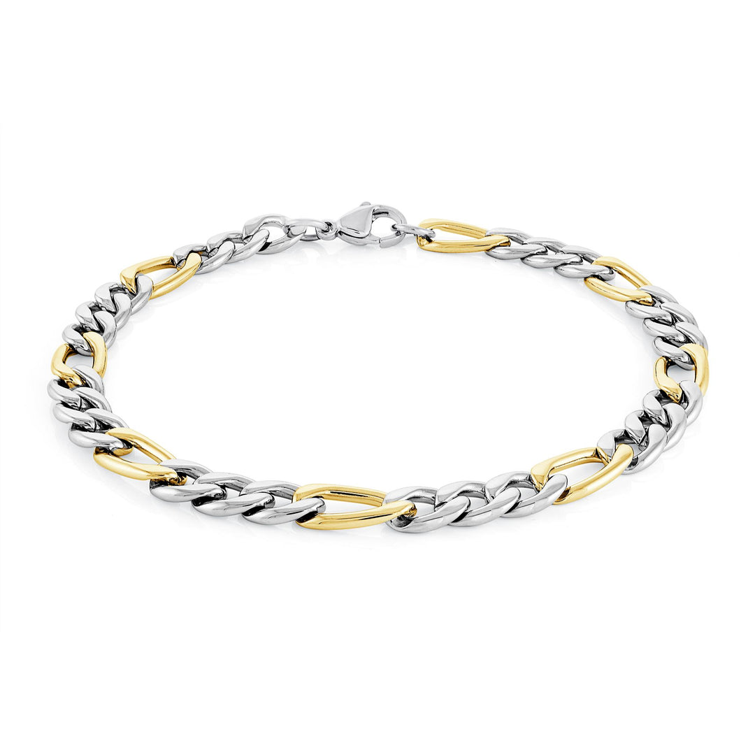 Two-Tone Stainless Steel Figaro Bracelet 
Length: 7.25"
Width: 6mm