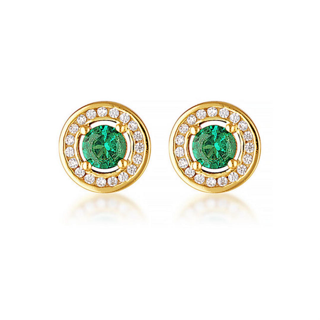 Yellow Sterling Silver Synthetic Emerald & CZ Halo Polished Stud Earri