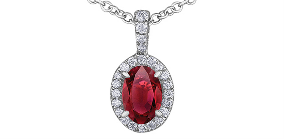 10K White Gold Halo Ruby Diamonds Pendant Necklace