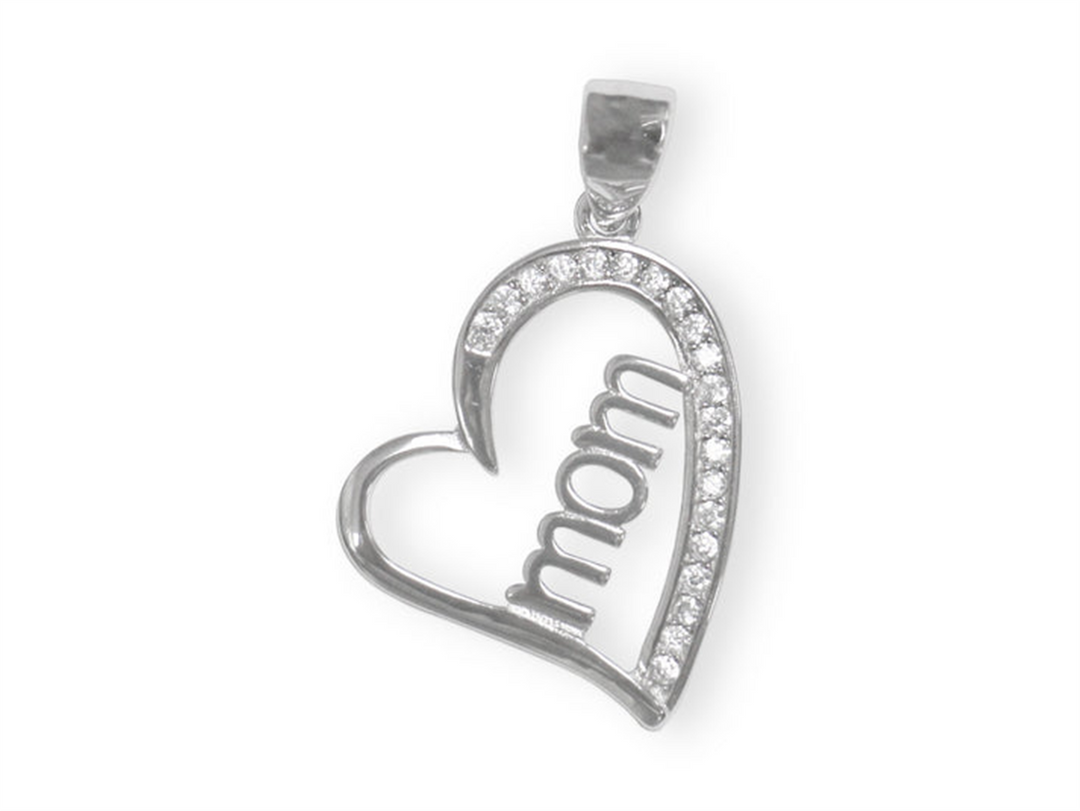 Sterling Silver White Polished Mom's Heart Pendant with Cubic Zirconiu