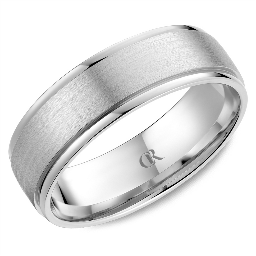 Men's White Gold Stepped Down Edges Band with Sandpaper Finish 
Top W