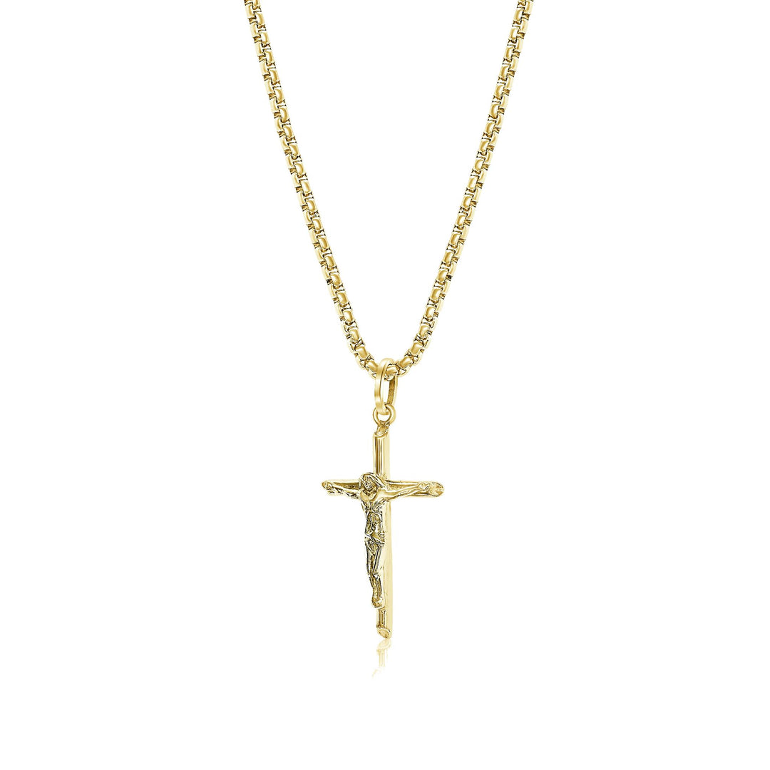 Polished Gold Stainless Steel Crucifix Religious Pendant Necklace