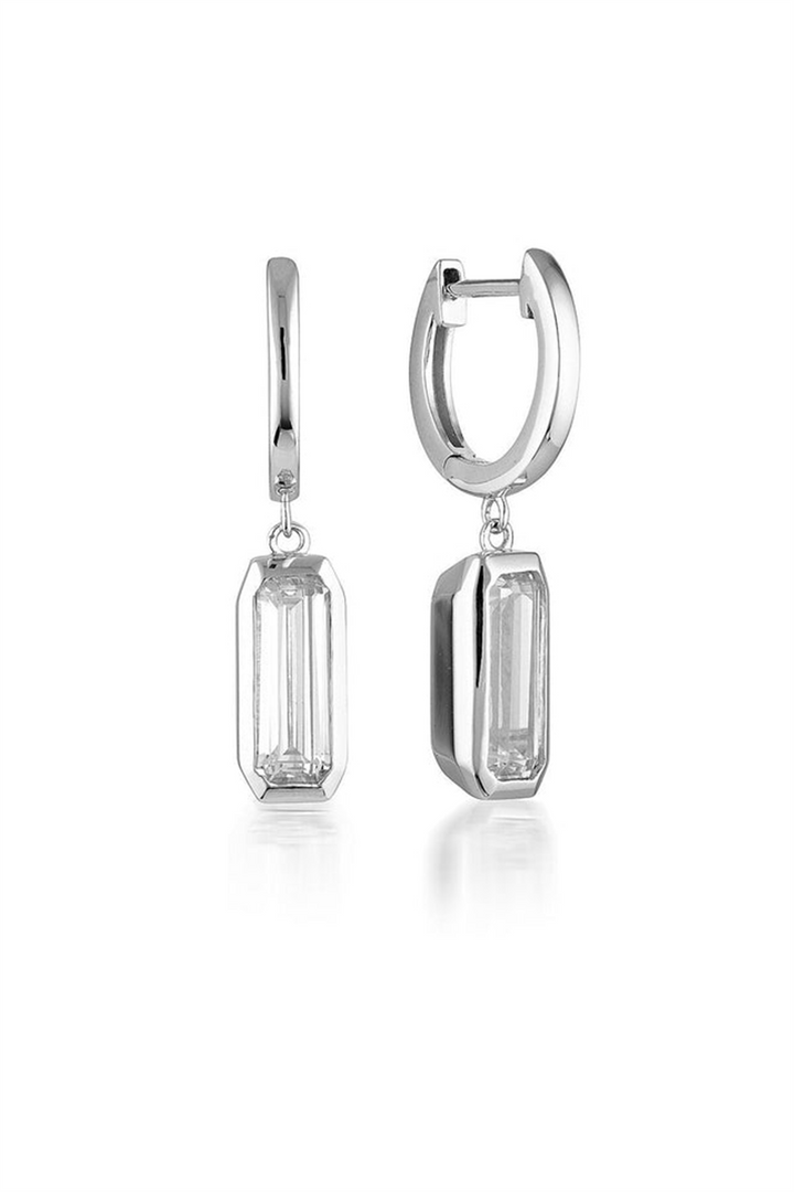 White Sterling Silver Cubic Zirconium Dangle Polished Huggie Earrings